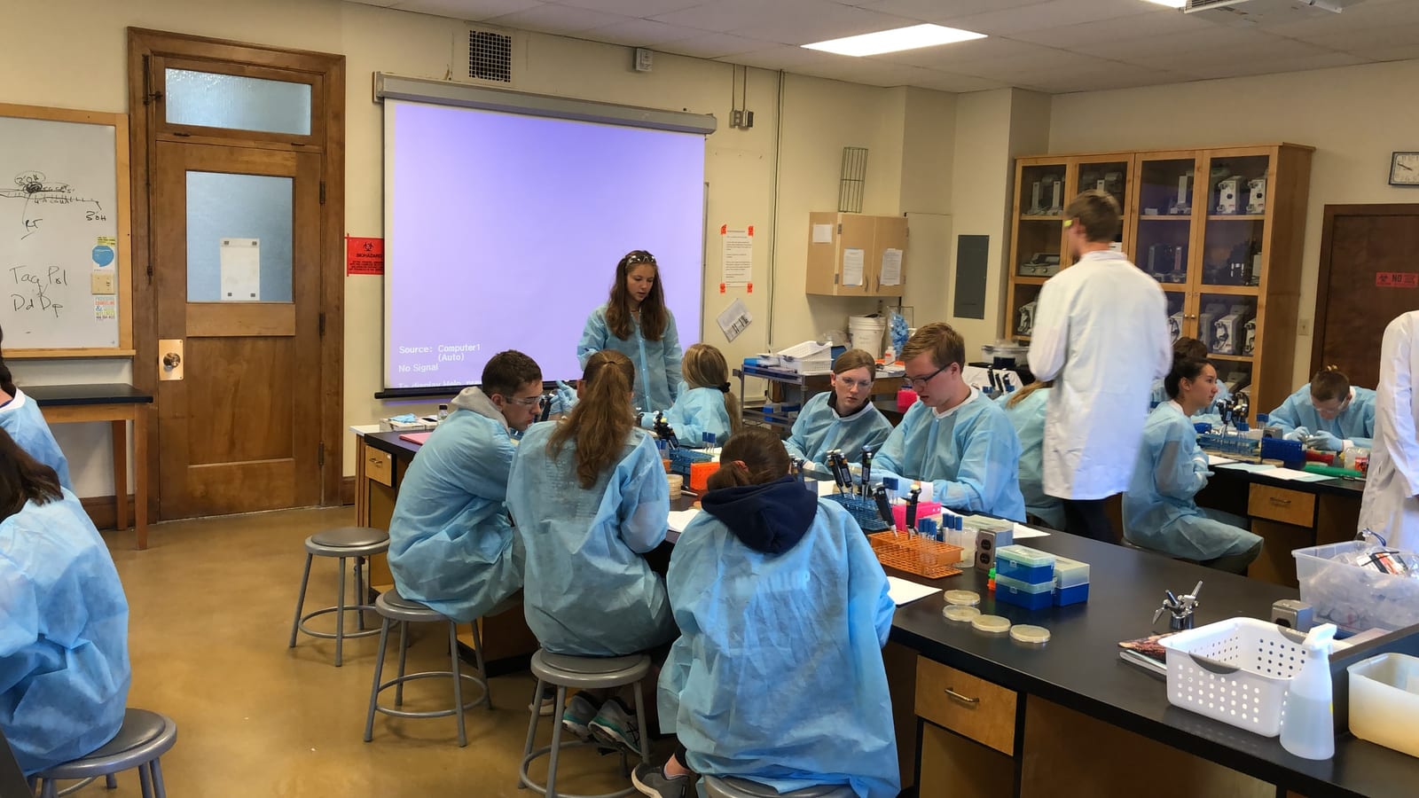 Students in lab gowns working at the bench during the Wild Virus Hunt course